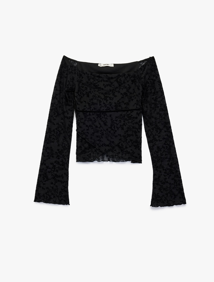  Uzun Kollu Slim Fit Açık Omuz Tül Dantelli Tişört