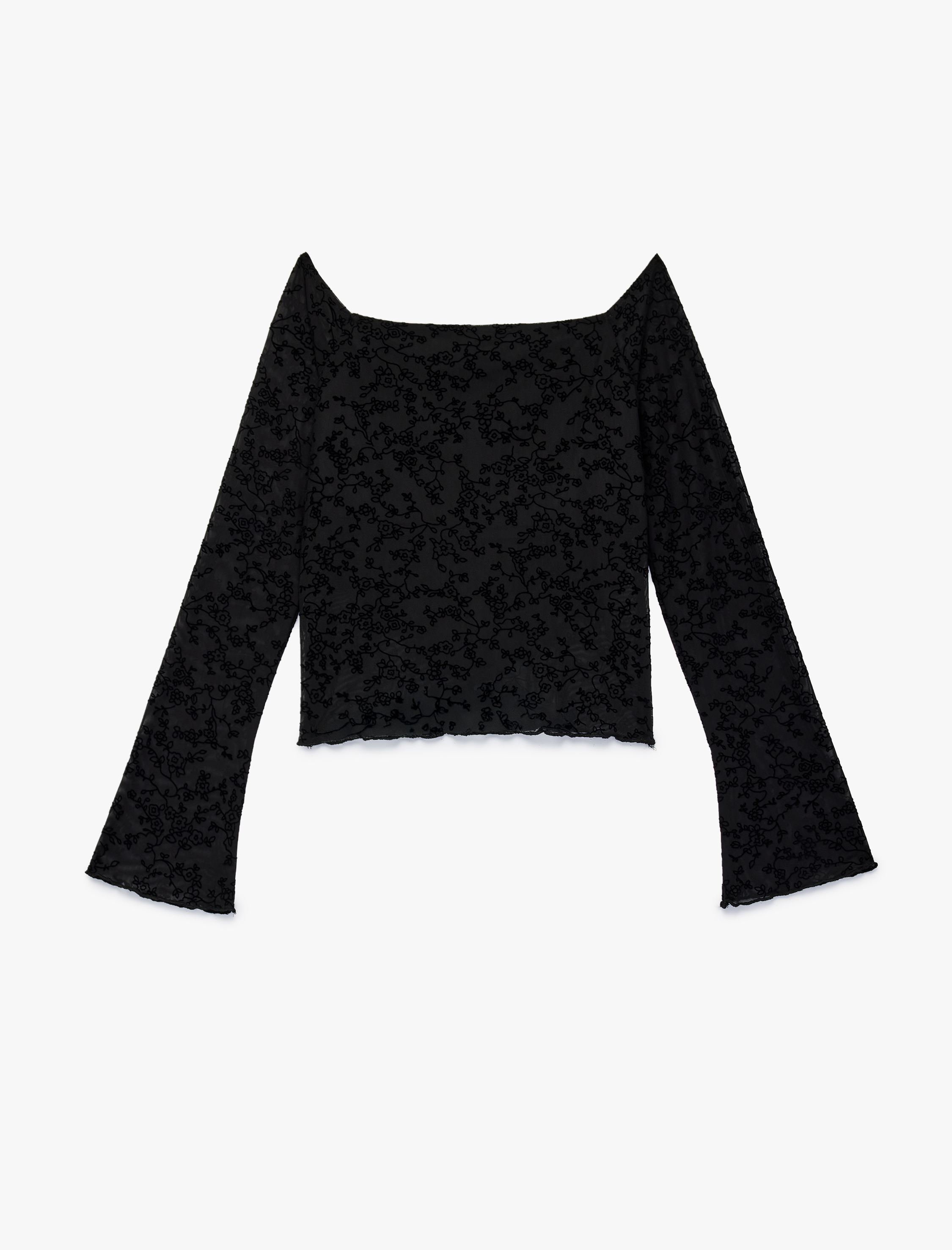   Uzun Kollu Slim Fit Açık Omuz Tül Dantelli Tişört