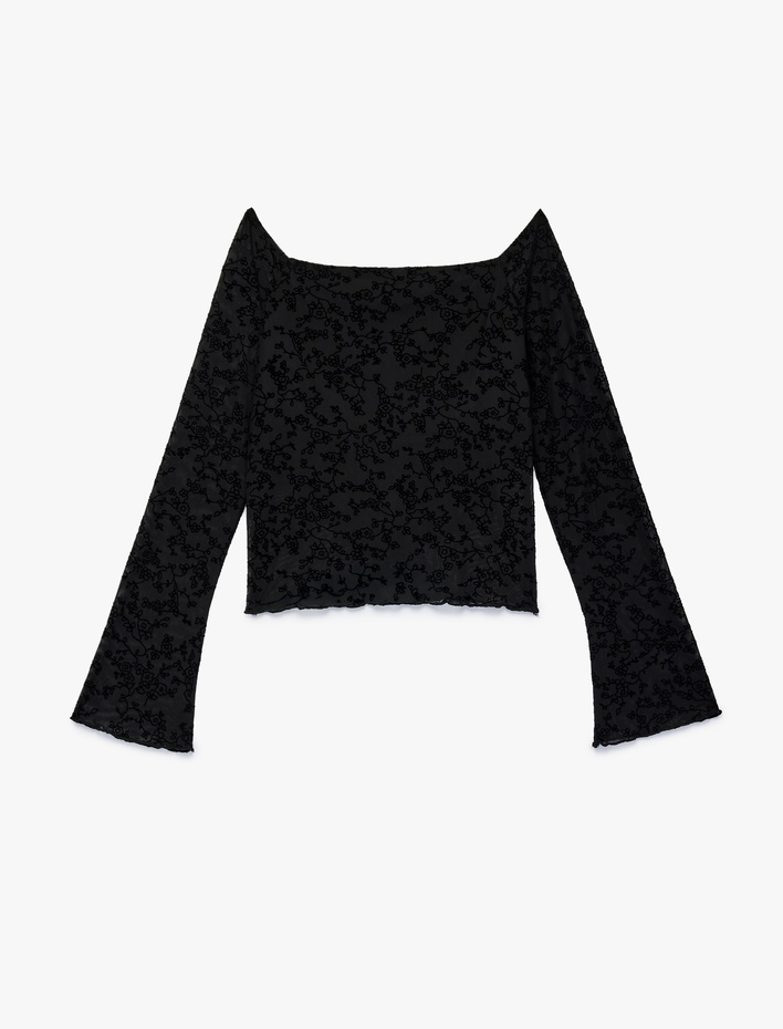  Uzun Kollu Slim Fit Açık Omuz Tül Dantelli Tişört