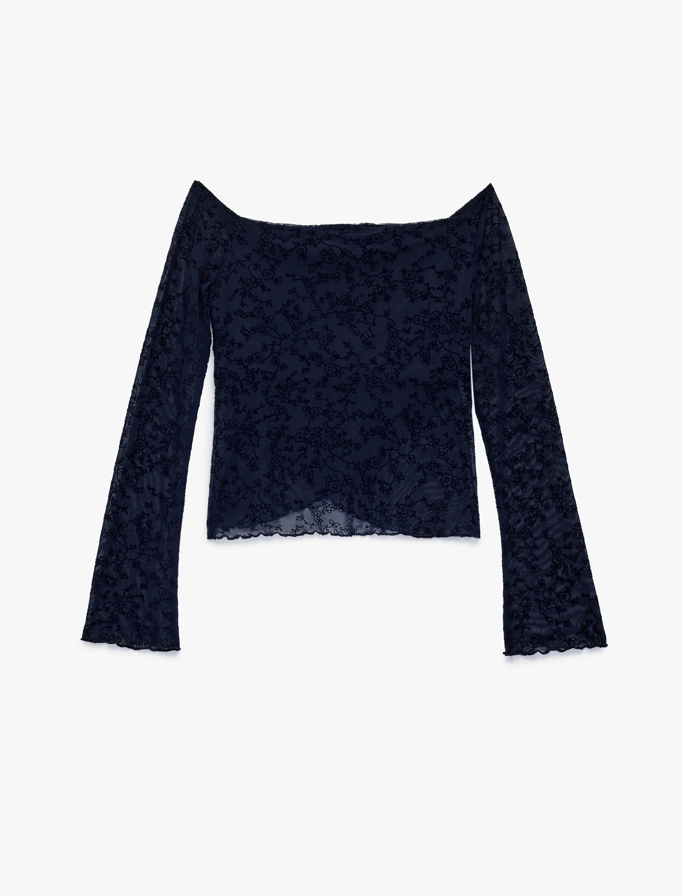   Uzun Kollu Slim Fit Açık Omuz Tül Dantelli Tişört