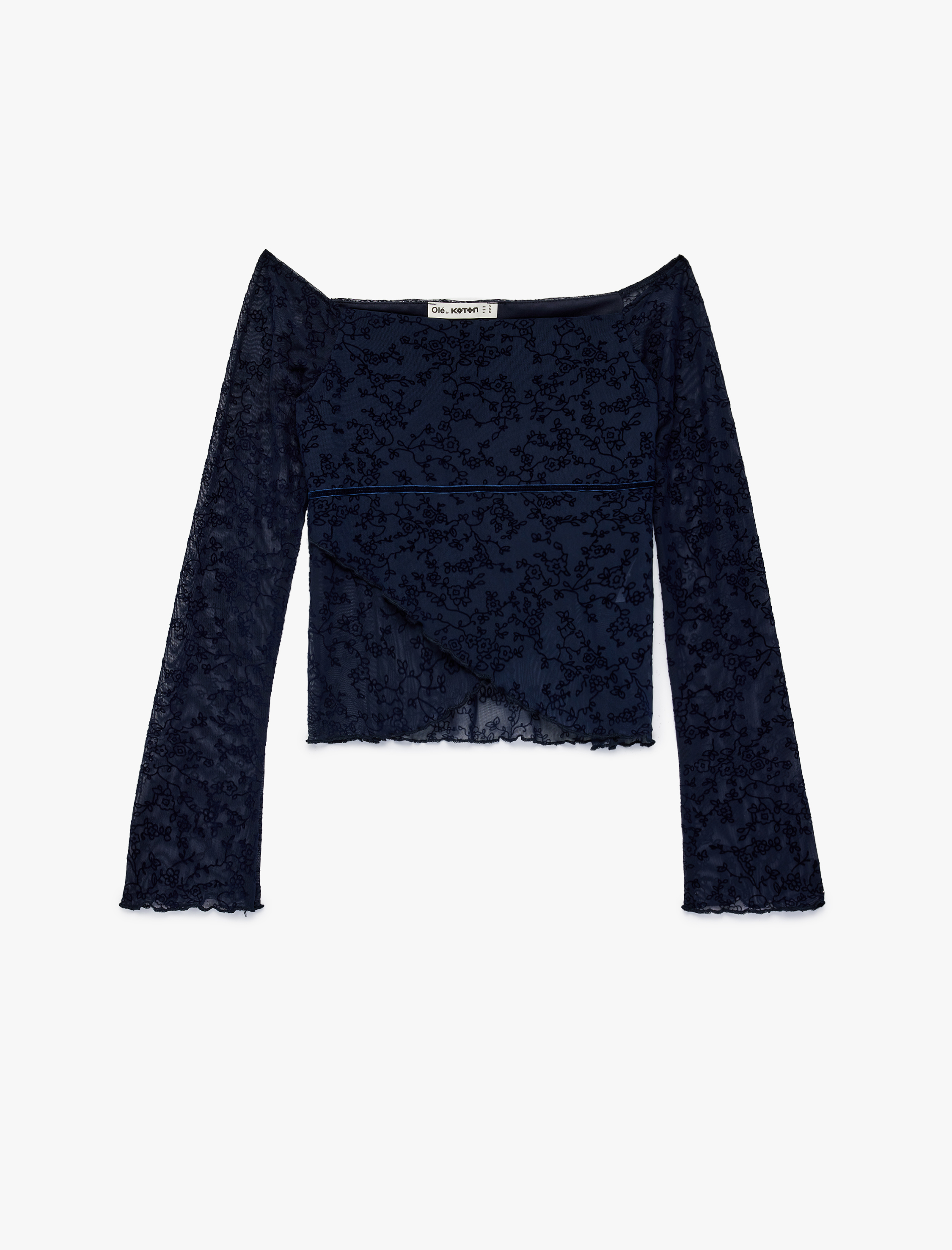   Uzun Kollu Slim Fit Açık Omuz Tül Dantelli Tişört