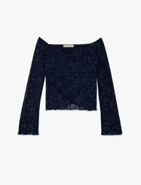 Uzun Kollu Slim Fit Açık Omuz Tül Dantelli Tişört