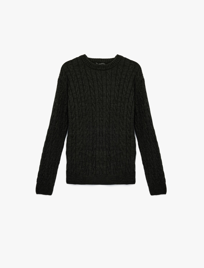  Uzun Kollu Bisiklet Yaka Saç Örgüsü Dokulu Triko Kazak