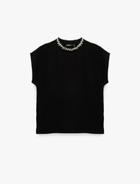 Kolsuz Bisiklet Yaka Taş Detaylı Triko Kazak