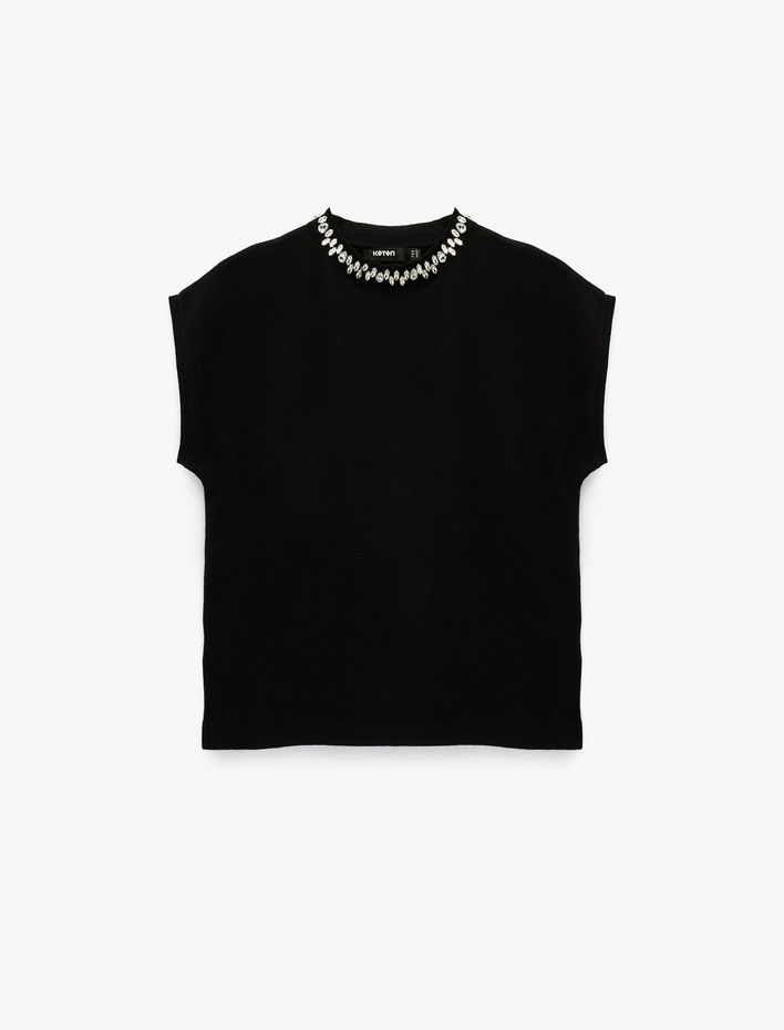  Kolsuz Bisiklet Yaka Taş Detaylı Triko Kazak