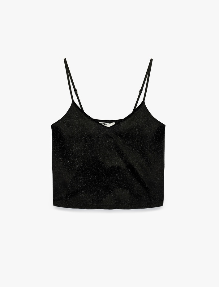  V Yaka Parıltılı Askılı Pijama Üstü