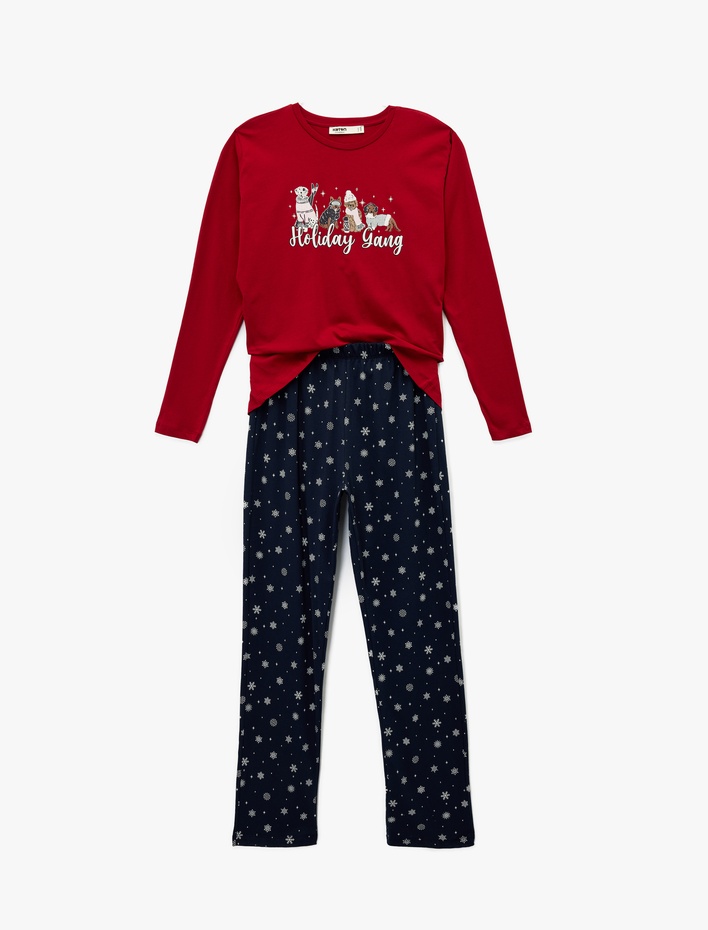  Rahat Kalıp Kısa Kollu Bisiklet Yaka Pamuklu Yılbaşı Pijama Takımı