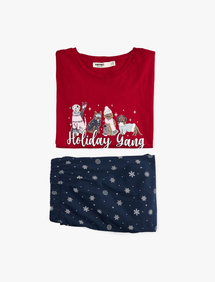  Rahat Kalıp Kısa Kollu Bisiklet Yaka Pamuklu Yılbaşı Pijama Takımı