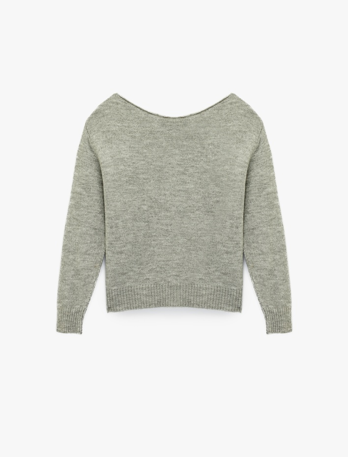  Uzun Kollu Yuvarlak Geniş Yaka Yıldız Desenli Triko Kazak