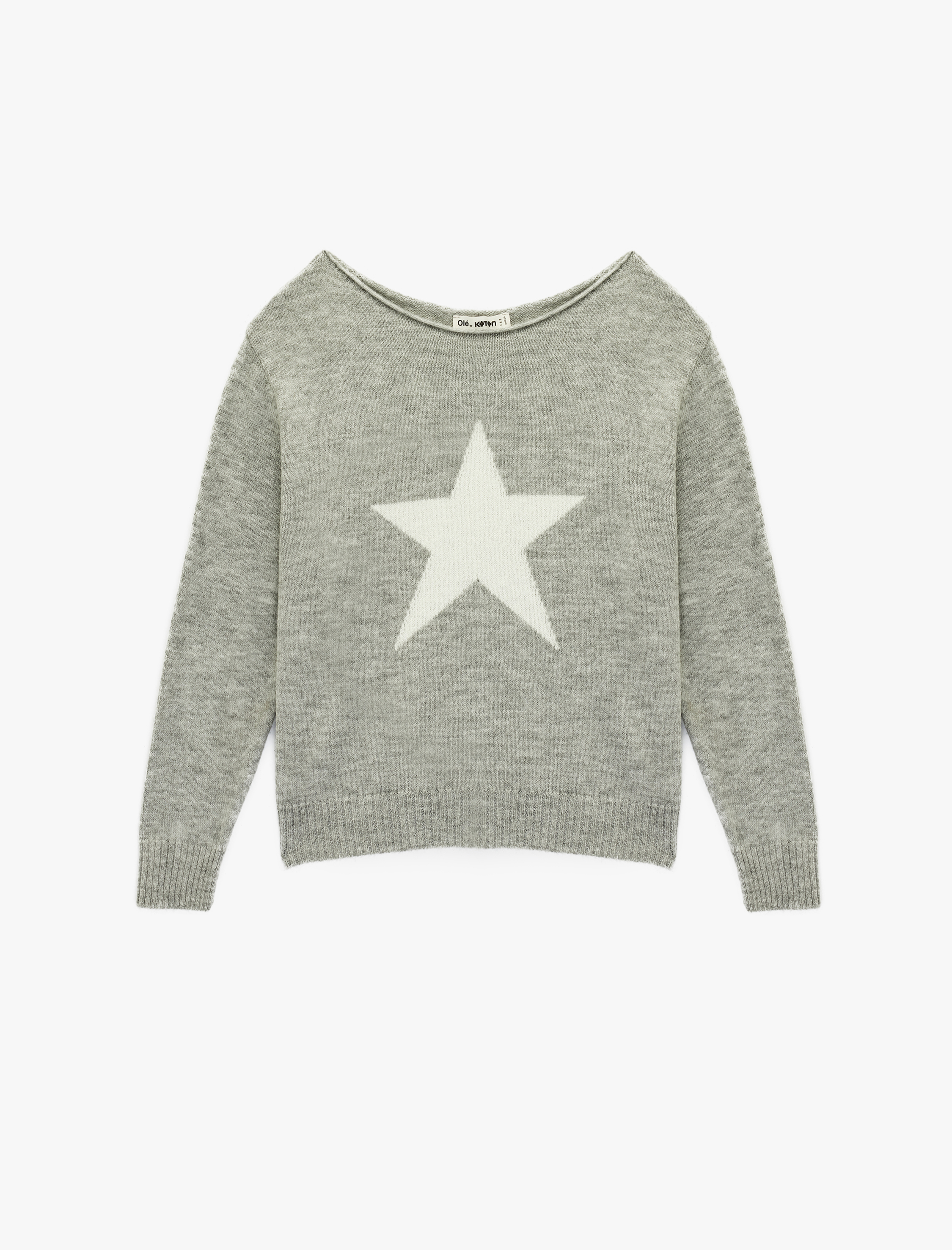   Uzun Kollu Yuvarlak Geniş Yaka Yıldız Desenli Triko Kazak