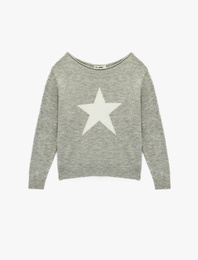 Uzun Kollu Yuvarlak Geniş Yaka Yıldız Desenli Triko Kazak