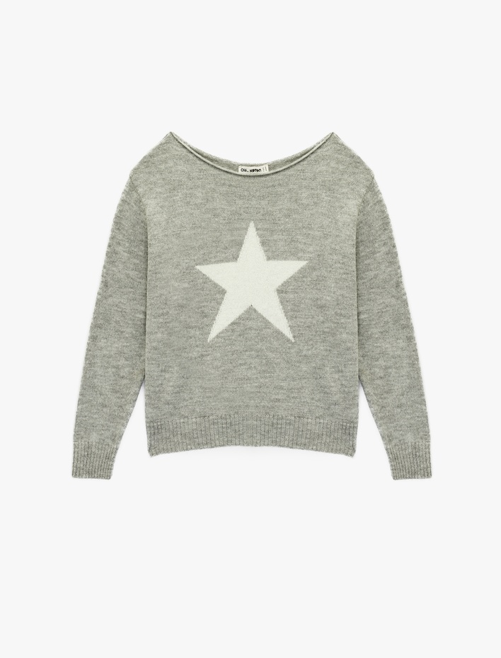  Uzun Kollu Yuvarlak Geniş Yaka Yıldız Desenli Triko Kazak