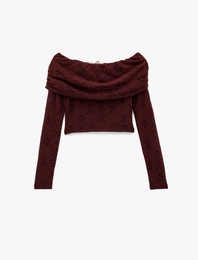 Slim Fit Uzun Kollu Omzu Açık Crop Dantel Tişört