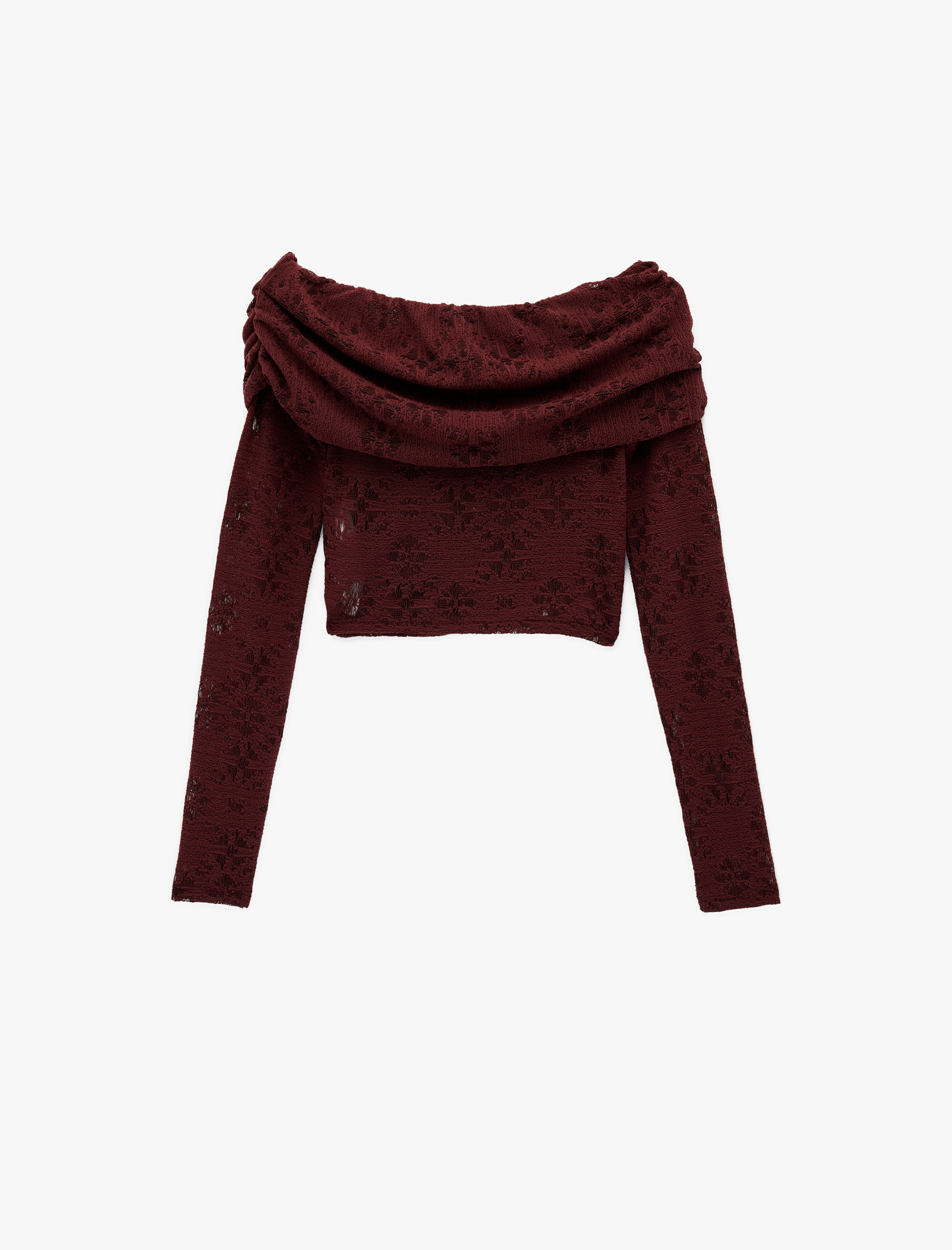   Slim Fit Uzun Kollu Omzu Açık Crop Dantel Tişört