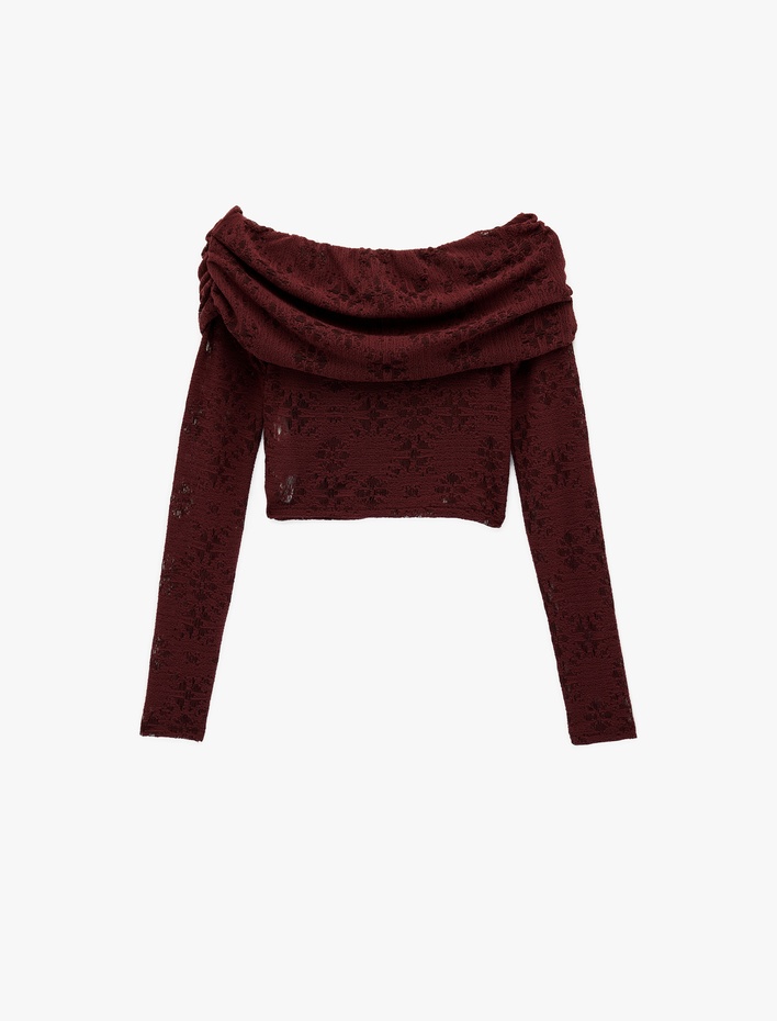  Slim Fit Uzun Kollu Omzu Açık Crop Dantel Tişört