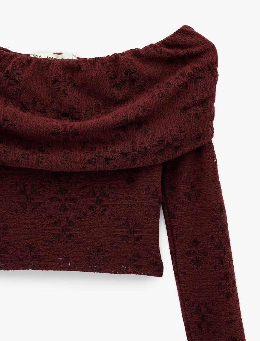 Bordo Slim Fit Uzun Kollu Omzu Açık Crop Dantel Tişört 6WAL10621IK