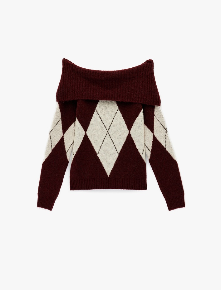  Uzun Kollu Omzu Açık Baklava Desenli Kazak