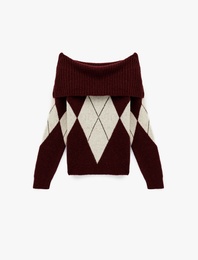 Uzun Kollu Omzu Açık Baklava Desenli Kazak