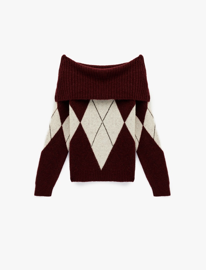  Uzun Kollu Omzu Açık Baklava Desenli Kazak