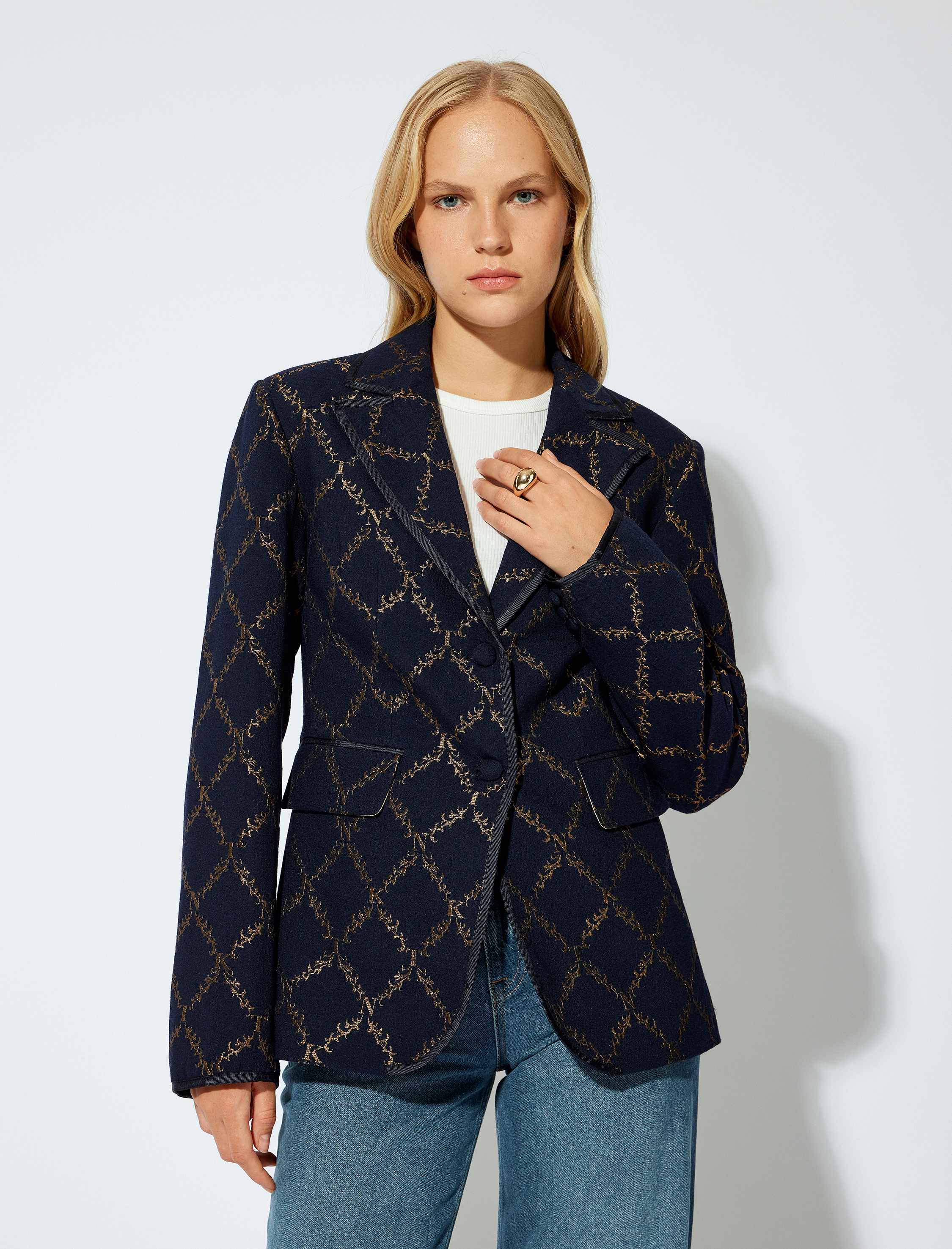   Blazer Ceket Parlak Desenli Kruvaze Düğmeli Cepli