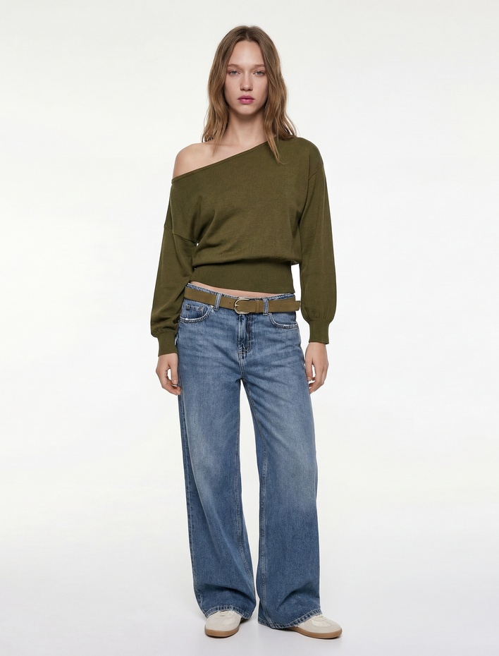  Uzun Kollu Viskon Karışımlı Kayık Yaka Triko Kazak