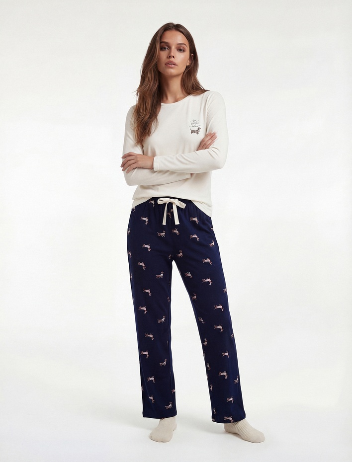  Uzun Kollu Bisiklet Yaka Köpek Desenli Pamuklu Pijama Takımı