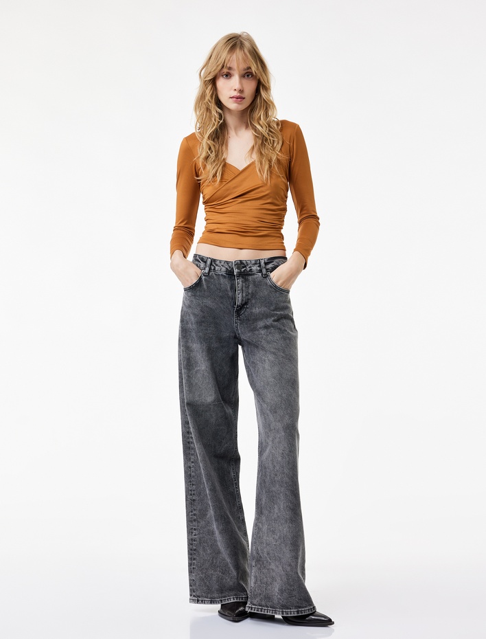  Uzun Kollu Slim Fit Kruvaze V Yaka Saten Bluz