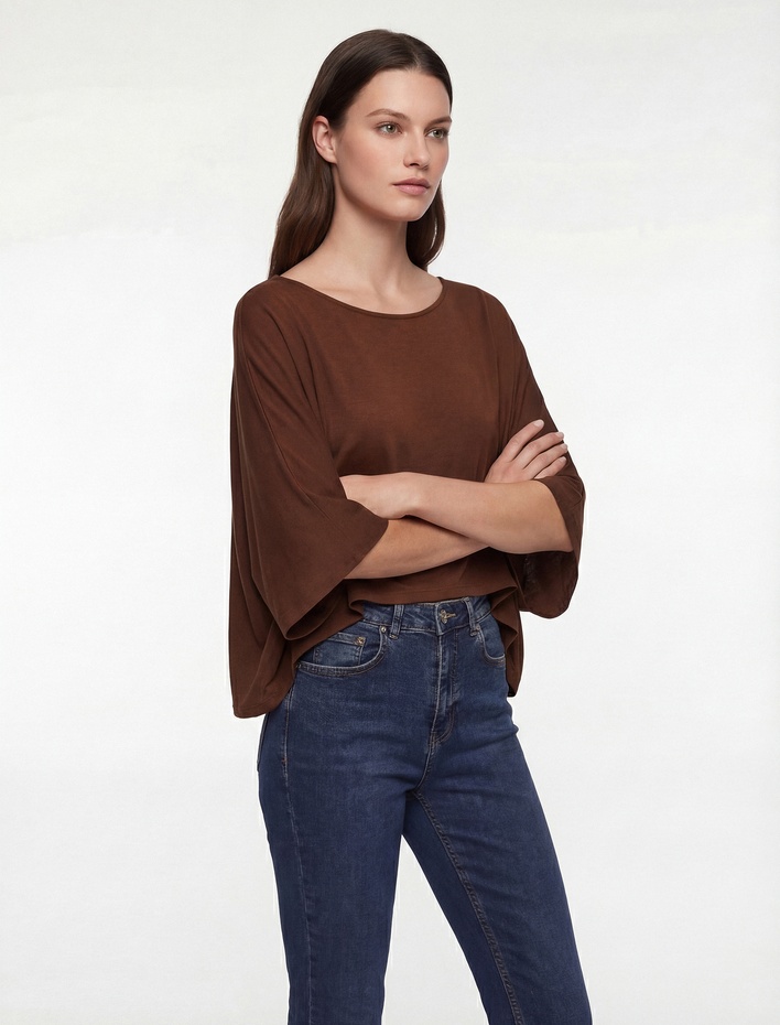  Viskon Kumaş Bol Kalıp Uzun Yarasa Kollu Geniş Yuvarlak Yaka Bluz