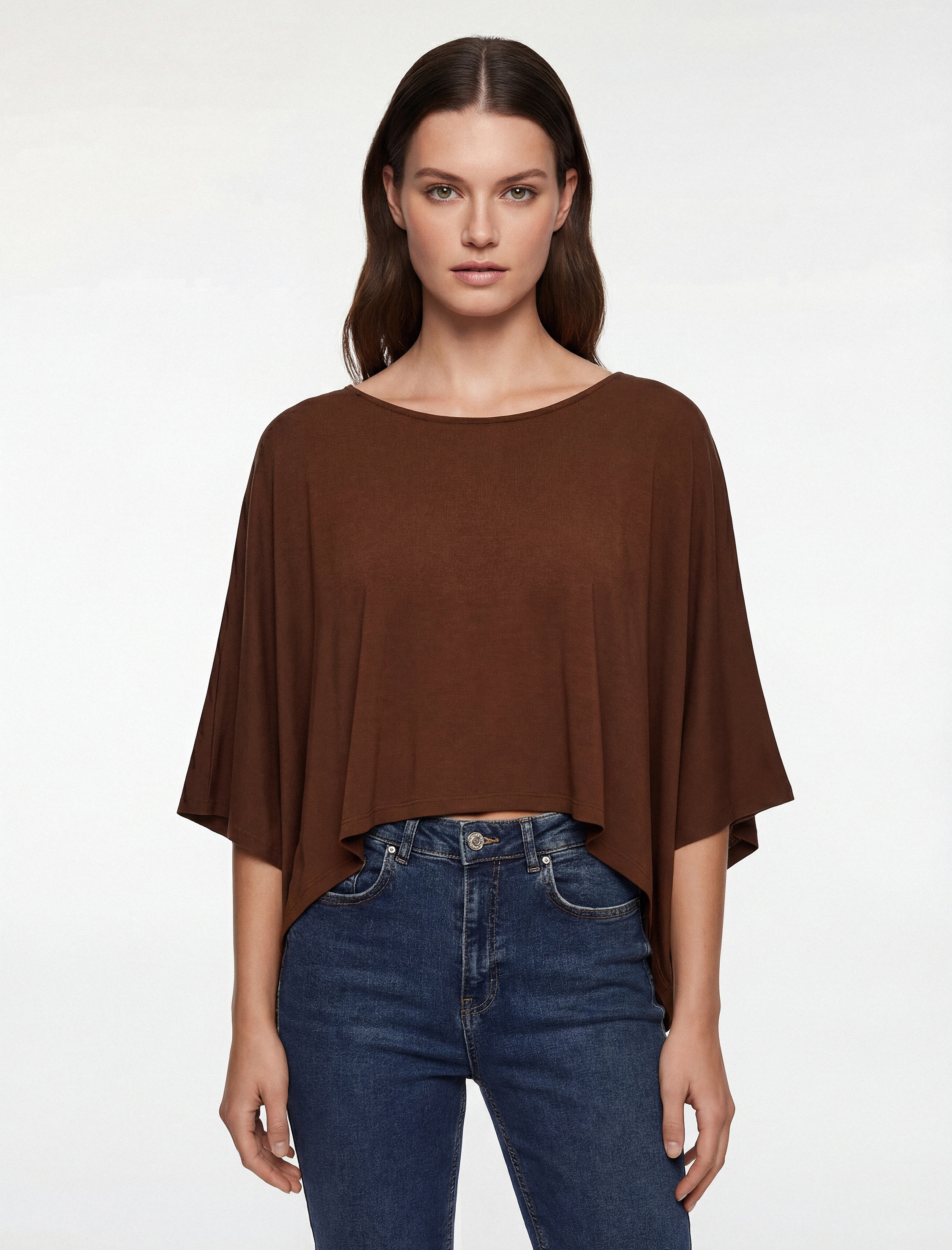   Viskon Kumaş Bol Kalıp Uzun Yarasa Kollu Geniş Yuvarlak Yaka Bluz