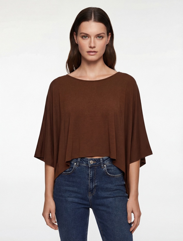  Viskon Kumaş Bol Kalıp Uzun Yarasa Kollu Geniş Yuvarlak Yaka Bluz