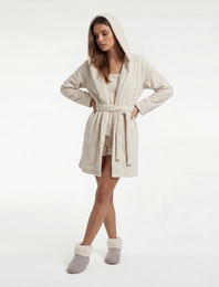 Uzun Kollu Kapüşonlu Kemerli Peluş Sabahlık