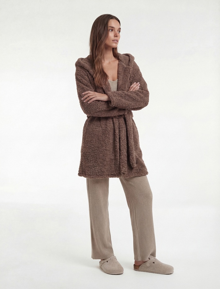  Rahat Kalıp Gizli Cep Detaylı Kapşonlu Polar Sabahlık