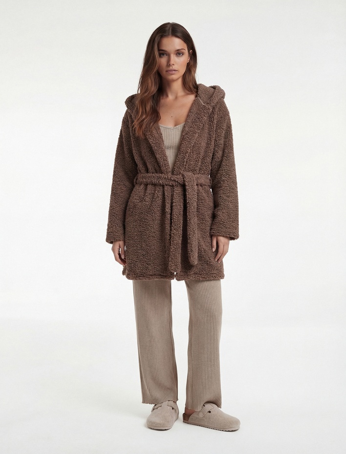  Rahat Kalıp Gizli Cep Detaylı Kapşonlu Polar Sabahlık