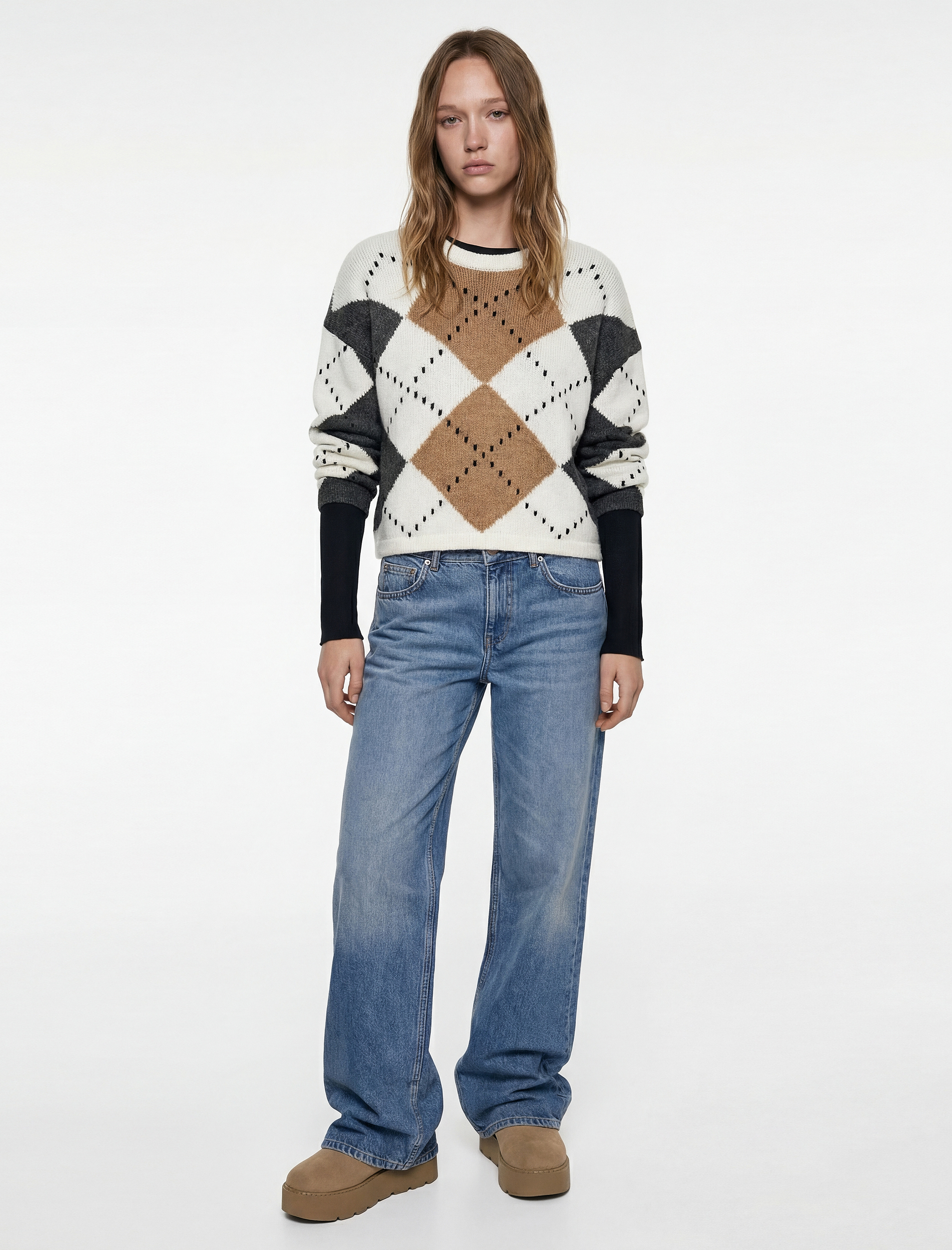   Uzun Kollu Bisiklet Yaka Baklava Desenli Triko Kazak