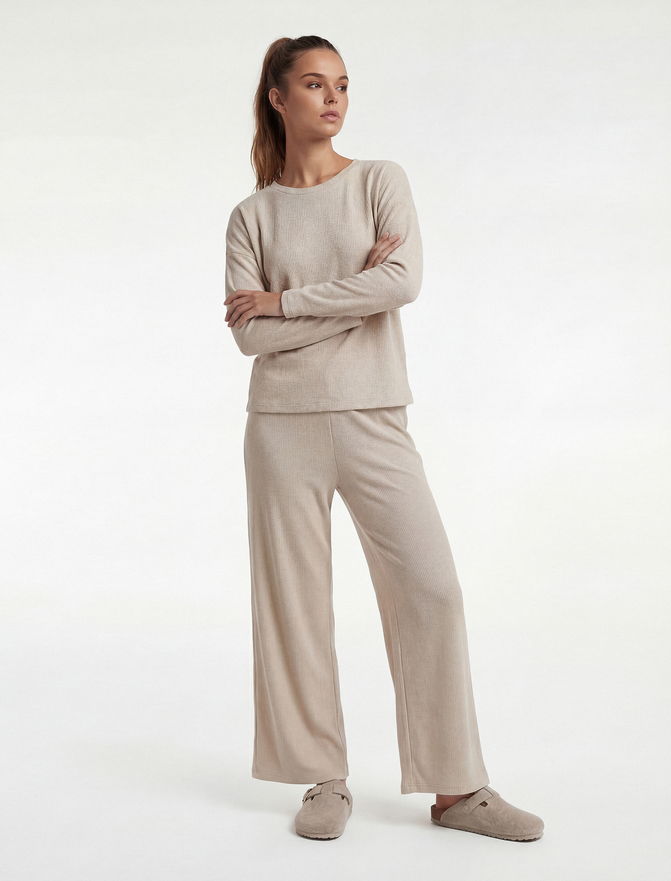   Uzun Kollu Bisiklet Yaka Rahat Kalıp Pijama Üstü