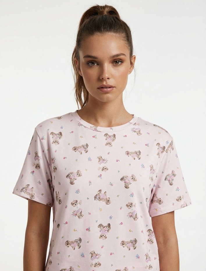  Rahat Kalıp Kısa Kollu Köpek Baskılı Pijama Takımı