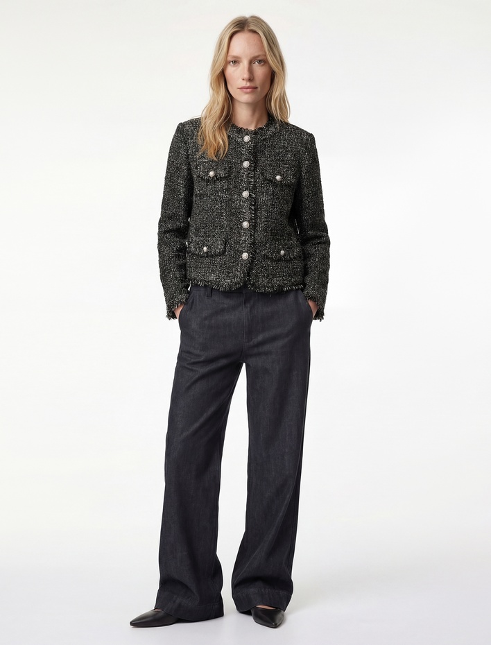  Cep Detaylı Düğmeli Uzun Kollu Bisiklet Yaka Tüvit Ceket