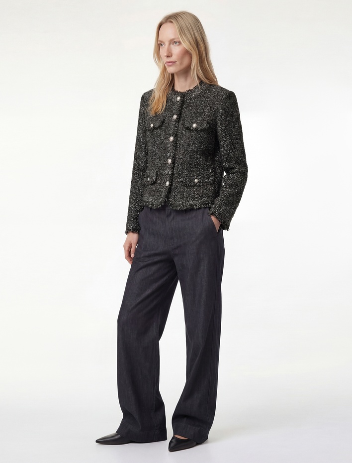  Cep Detaylı Düğmeli Uzun Kollu Bisiklet Yaka Tüvit Ceket