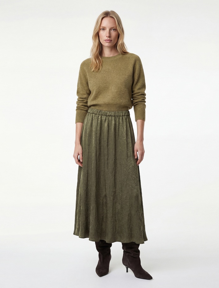  Metalik Görünümlü Beli Lastikli Uzun Kloş Etek