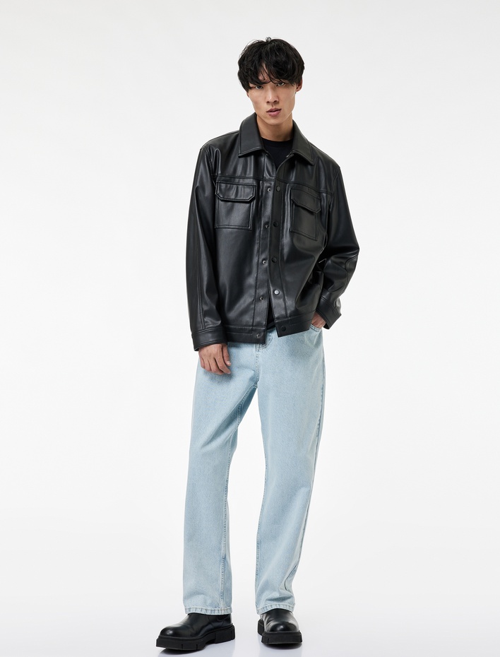  Gömlek Yaka Kapaklı Cepli Uzun Kollu Slim Fit Suni Deri Ceket