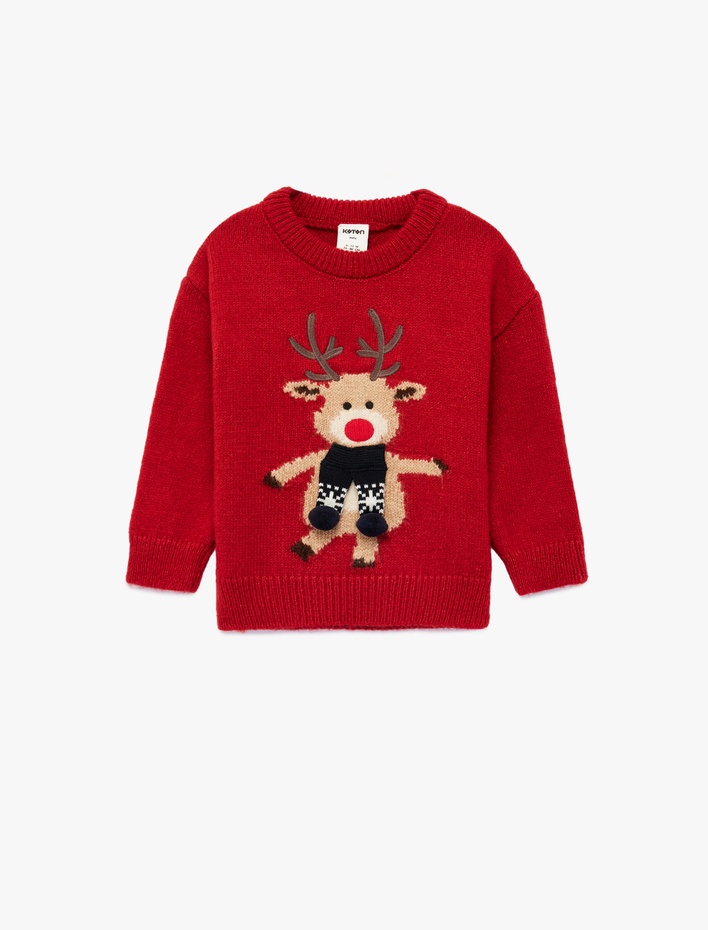 Kız Bebek Uzun Kollu Bisiklet Yaka Geyikli Yılbaşı Triko Kazak