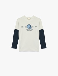 Pamuklu Çıkma Uzun Kollu Bisiklet Yaka Baskılı Tişört