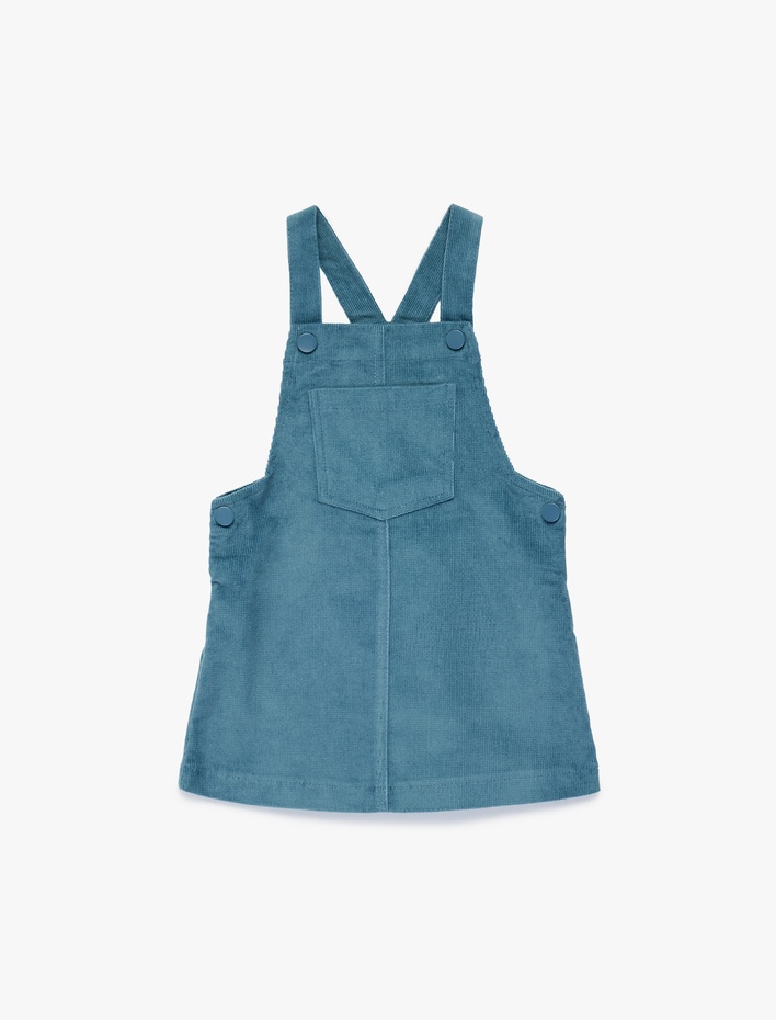 Kız Bebek Askılı Kare Yaka Pamuklu Cepli Kadife Jile Elbise