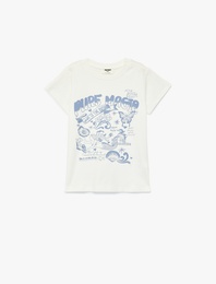 Pamuklu Kısa Kollu Bisiklet Yaka Baskılı Tişört