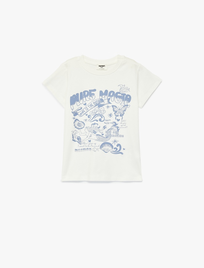 Kız Çocuk Pamuklu Kısa Kollu Bisiklet Yaka Baskılı Tişört