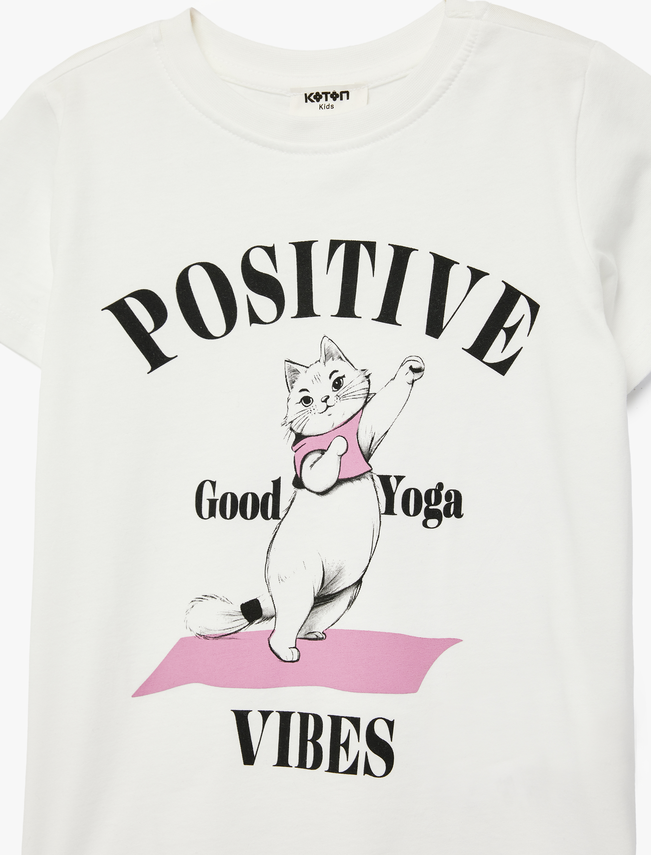  Kız Çocuk Pamuklu Kısa Kollu Bisiklet Yaka Kedi Baskılı Tişört