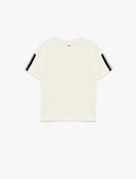 Pamuklu Şerit Detaylı Uzun Kollu Bisiklet Yaka Oversize Tişört