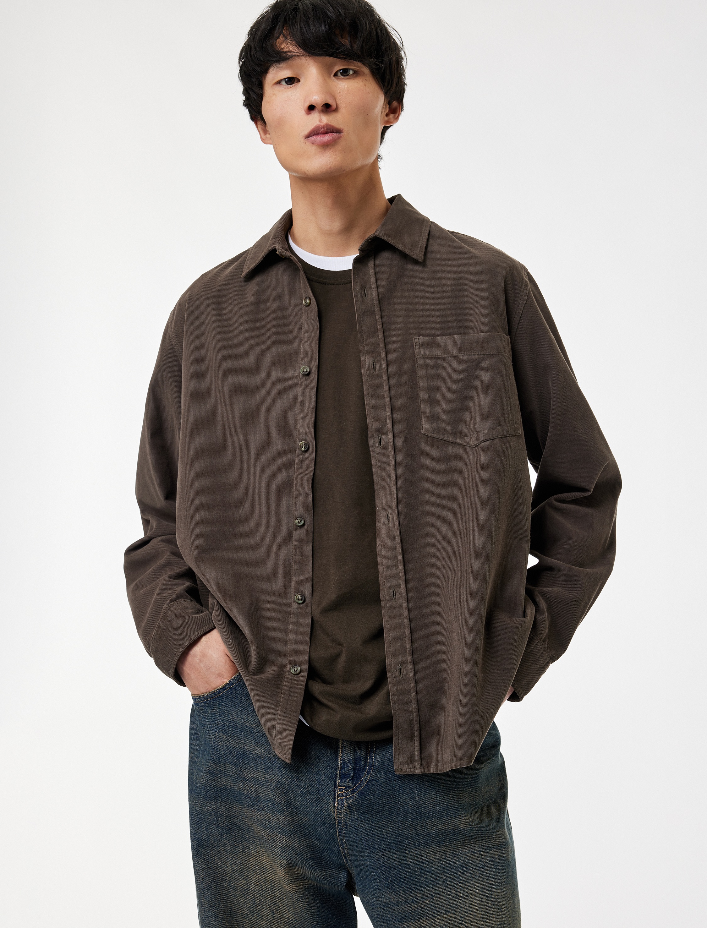   Regular Fit Klasik Yaka Düğmeli Pamuklu Uzun Kollu Kadife Gömlek