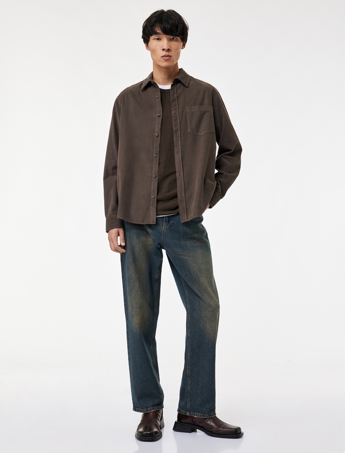  Regular Fit Klasik Yaka Düğmeli Pamuklu Uzun Kollu Kadife Gömlek