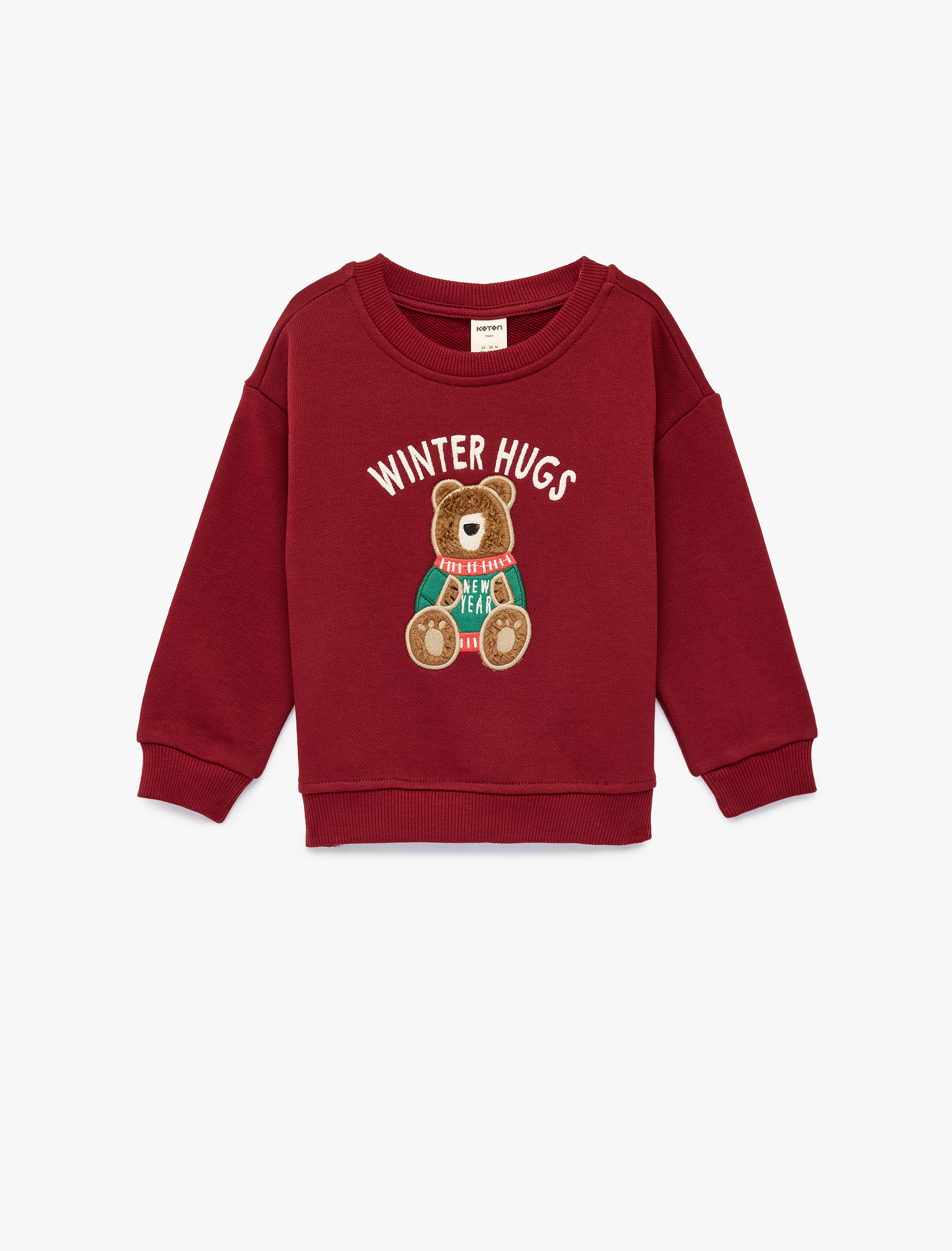  Erkek Bebek Ayıcık Aplikeli Uzun Kollu Bisiklet Yaka Pamuklu Sweatshirt